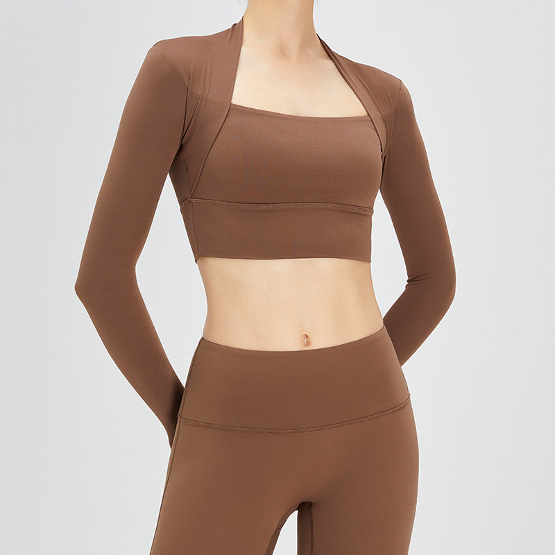 Autumn nude feel shawl fake two-piece yoga clothes long-sleeved women's outdoor sports T-shirt top running shock absorption workout clothes