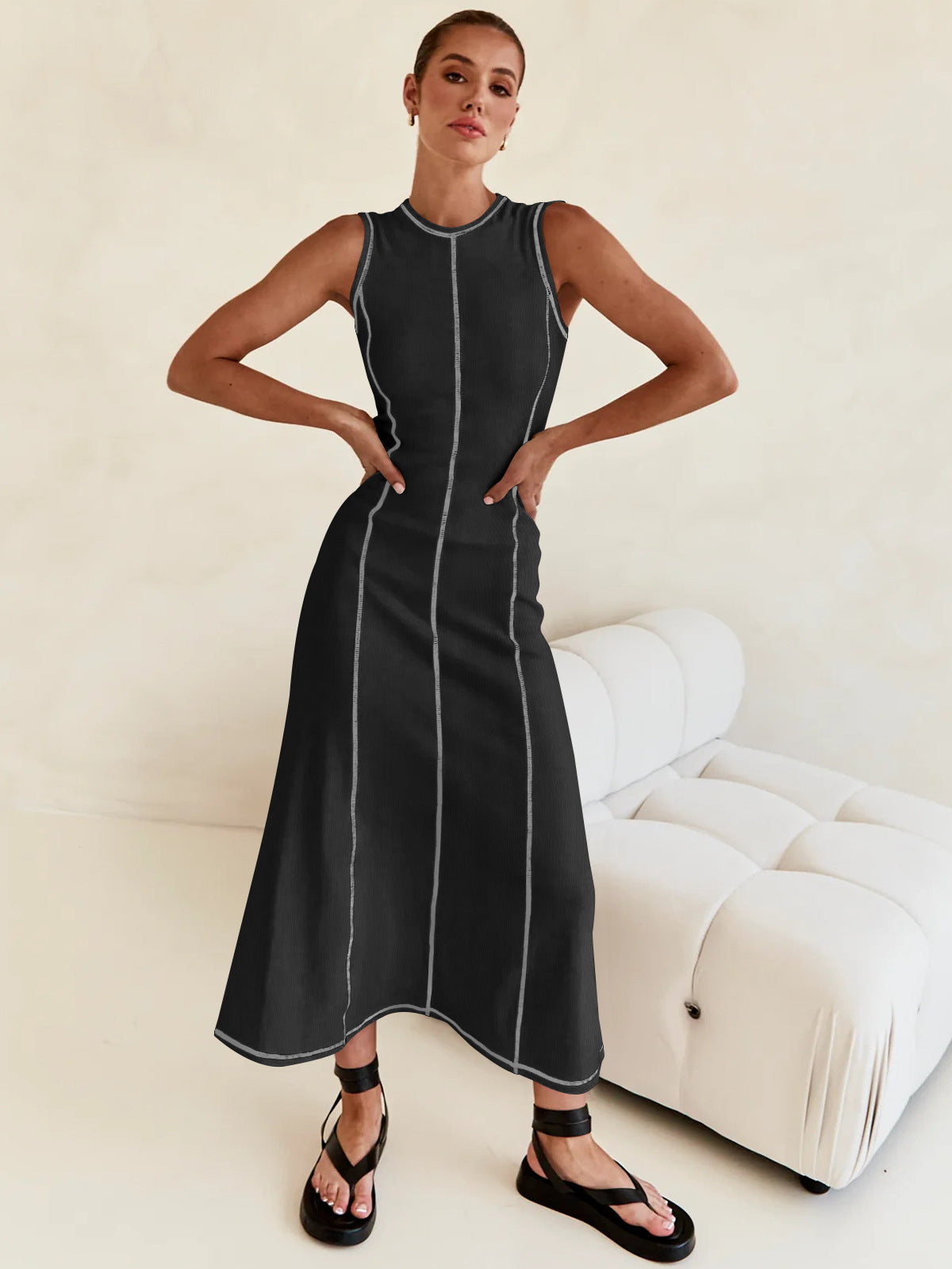 Elegant Contrasting-Color Sleeveless Vest Dress Women Cinched Waist Summer Dress