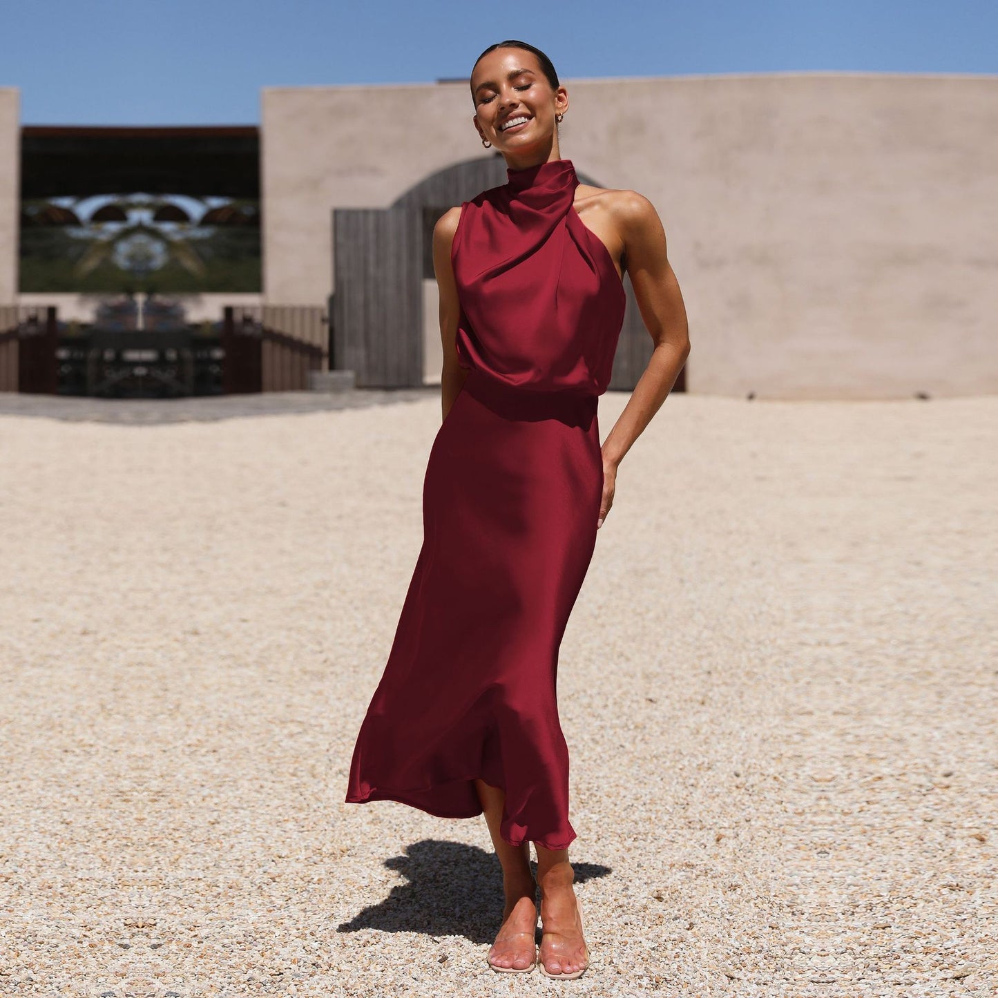 Celebrity Style Halter Satin Evening Dress Women Wedding Bridesmaid Mid-Length Dress 2024