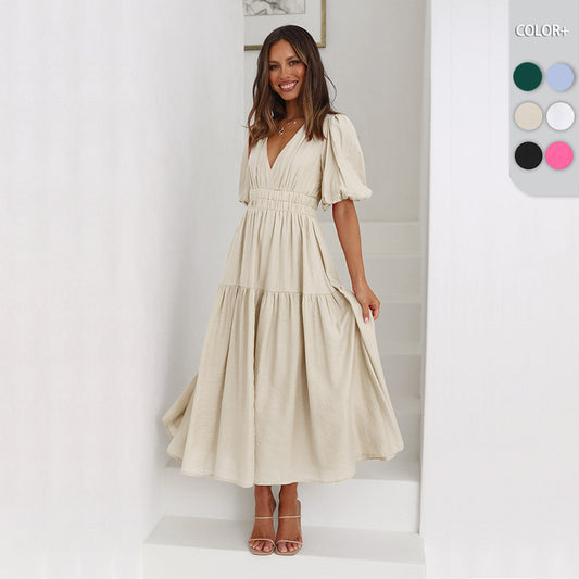 High-Grade Long Dress Ruffled Lantern Sleeves V-Neck Holiday Beach Dress Women