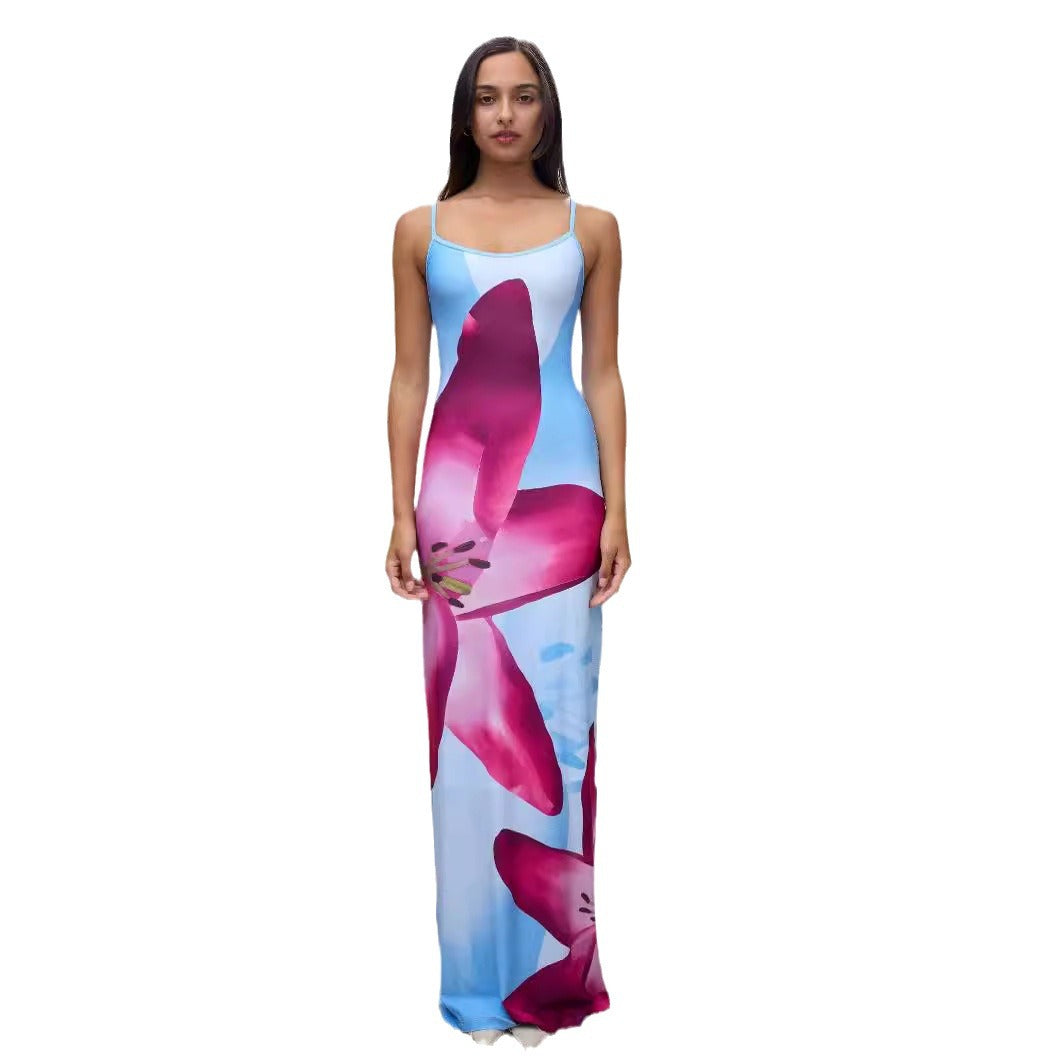 Summer Sexy Suspender Skirt Digital Print Slim High Waist Sheath Beach Travel Dress