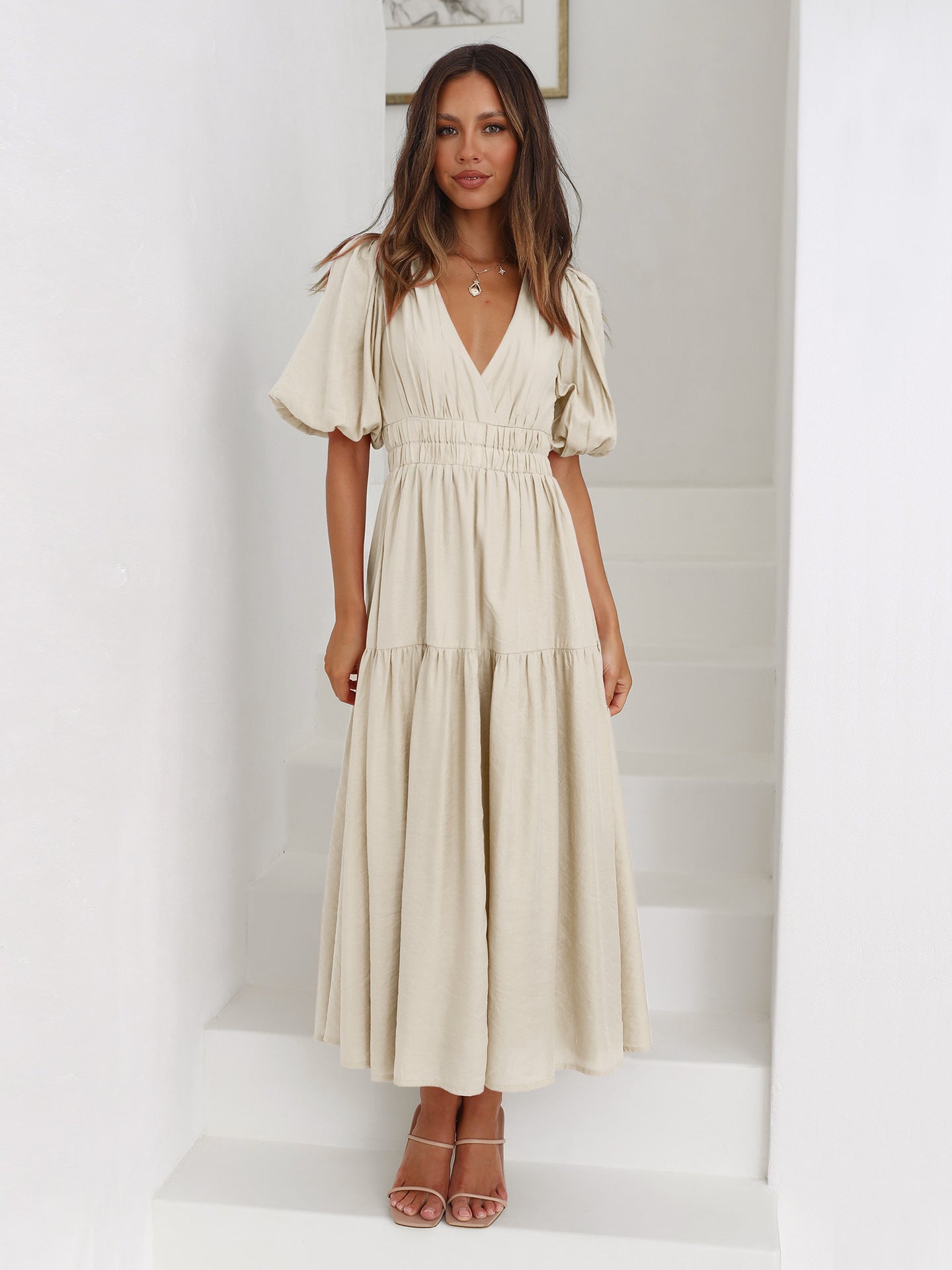 High-Grade Long Dress Ruffled Lantern Sleeves V-Neck Holiday Beach Dress Women