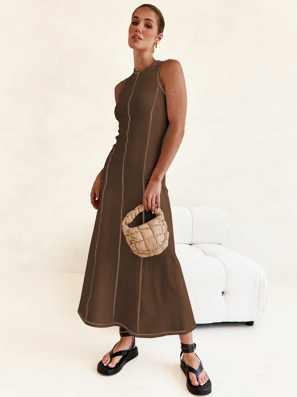 Elegant Contrasting-Color Sleeveless Vest Dress Women Cinched Waist Summer Dress
