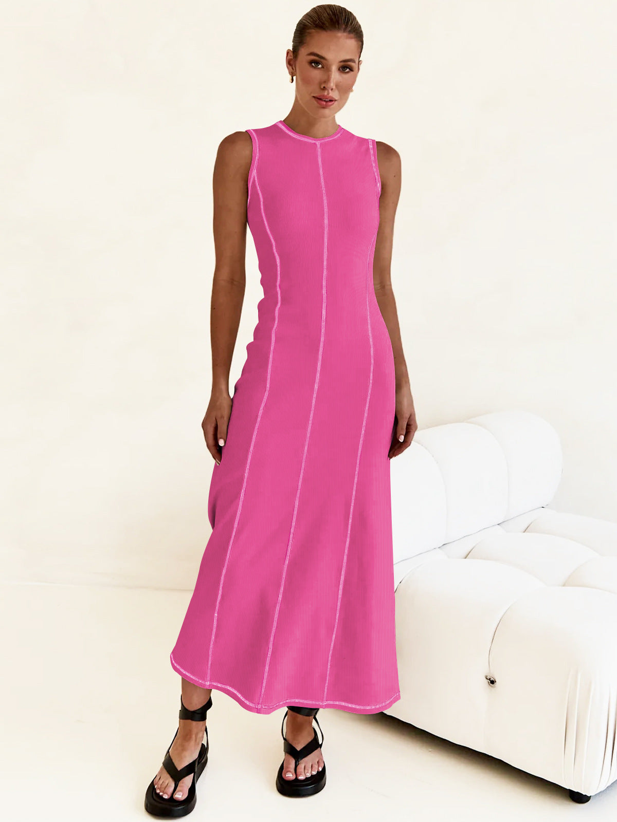 Elegant Contrasting-Color Sleeveless Vest Dress Women Cinched Waist Summer Dress