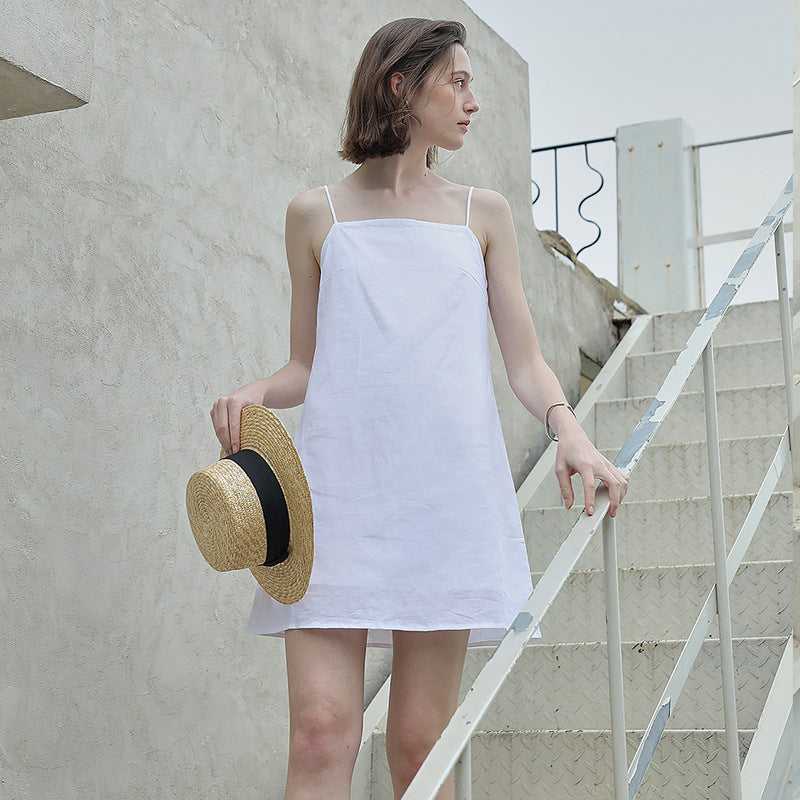 Cotton Linen Suspender Skirt Women Lace-Up Backless A-Line Dress Summer Vacation