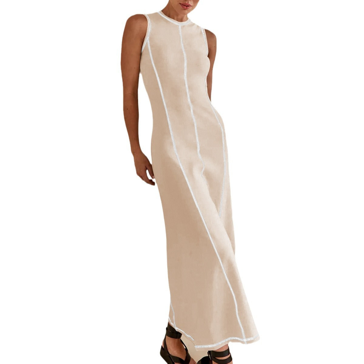 Elegant Contrasting-Color Sleeveless Vest Dress Women Cinched Waist Summer Dress
