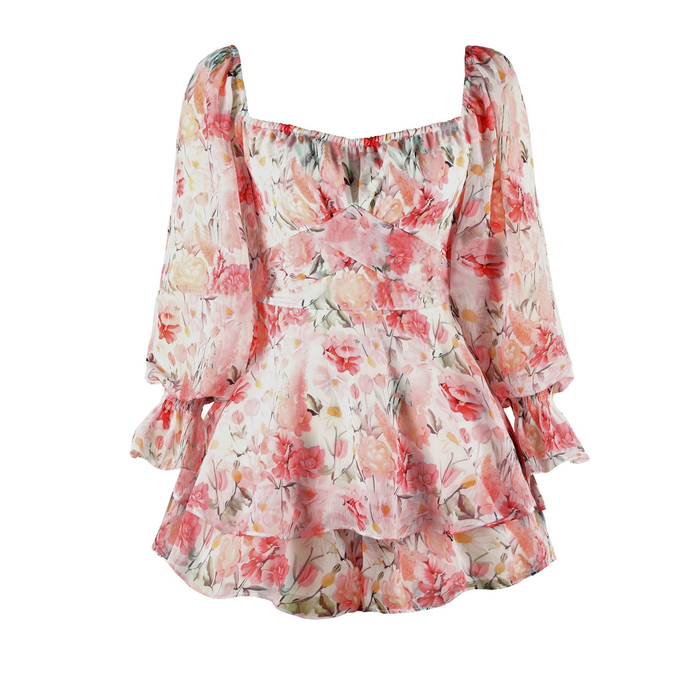 Hot-selling floral-print one-piece split skirt French square collar jumpsuit elegant ruffle pantskirt lace-up casual pants Women's