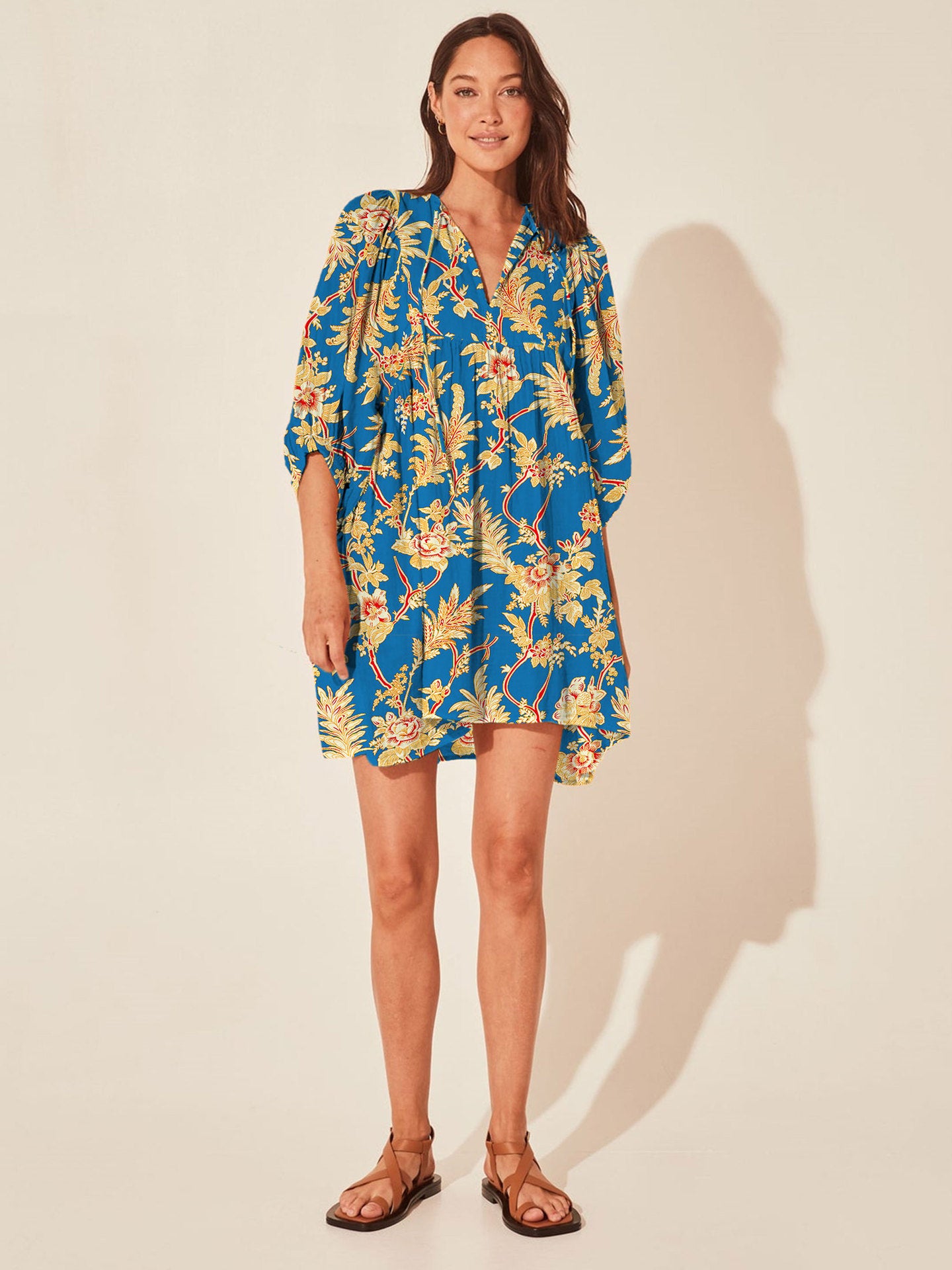 Vacation Style Floral Print Dress Women High Waist Lace-Up Casual Beach Skirt