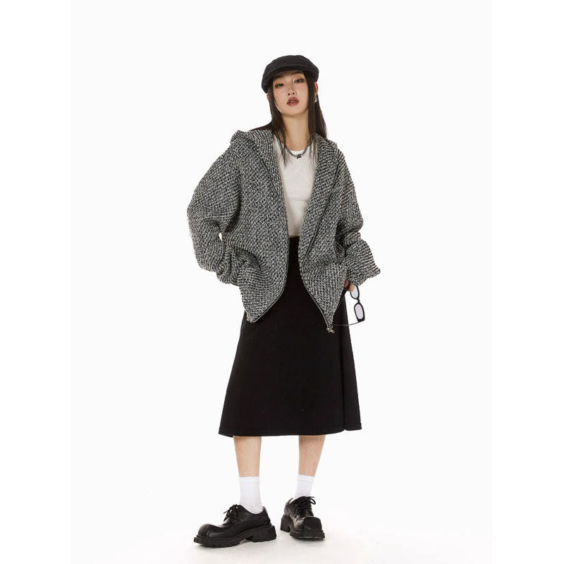 High-grade woven texture design sense sweater cardigan Women's American style 2024 hooded coat women's spring and autumn coat fashion