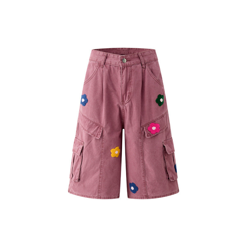 American flower towel embroidery design sense workwear cropped pants women's New straight summer lazy jeans