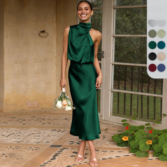 Celebrity Style Halter Satin Evening Dress Women Wedding Bridesmaid Mid-Length Dress 2024