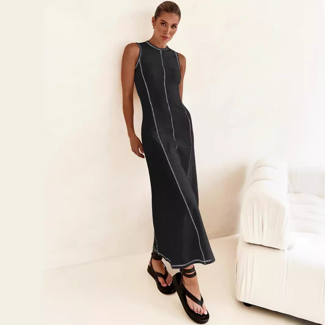High-Grade Casual Sleeveless Vest Dress Women Contrasting Color Thread Summer Dress