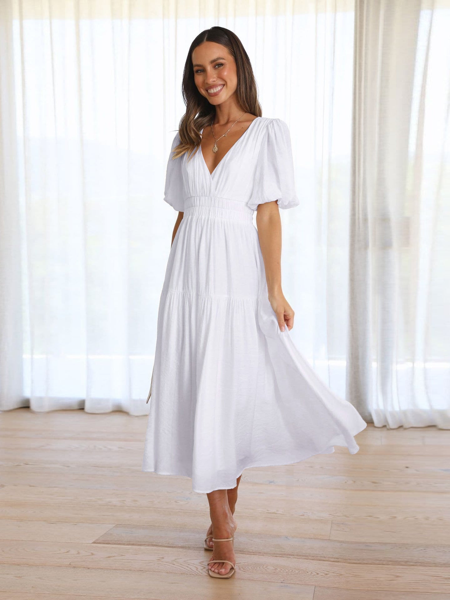 High-Grade Long Dress Ruffled Lantern Sleeves V-Neck Holiday Beach Dress Women