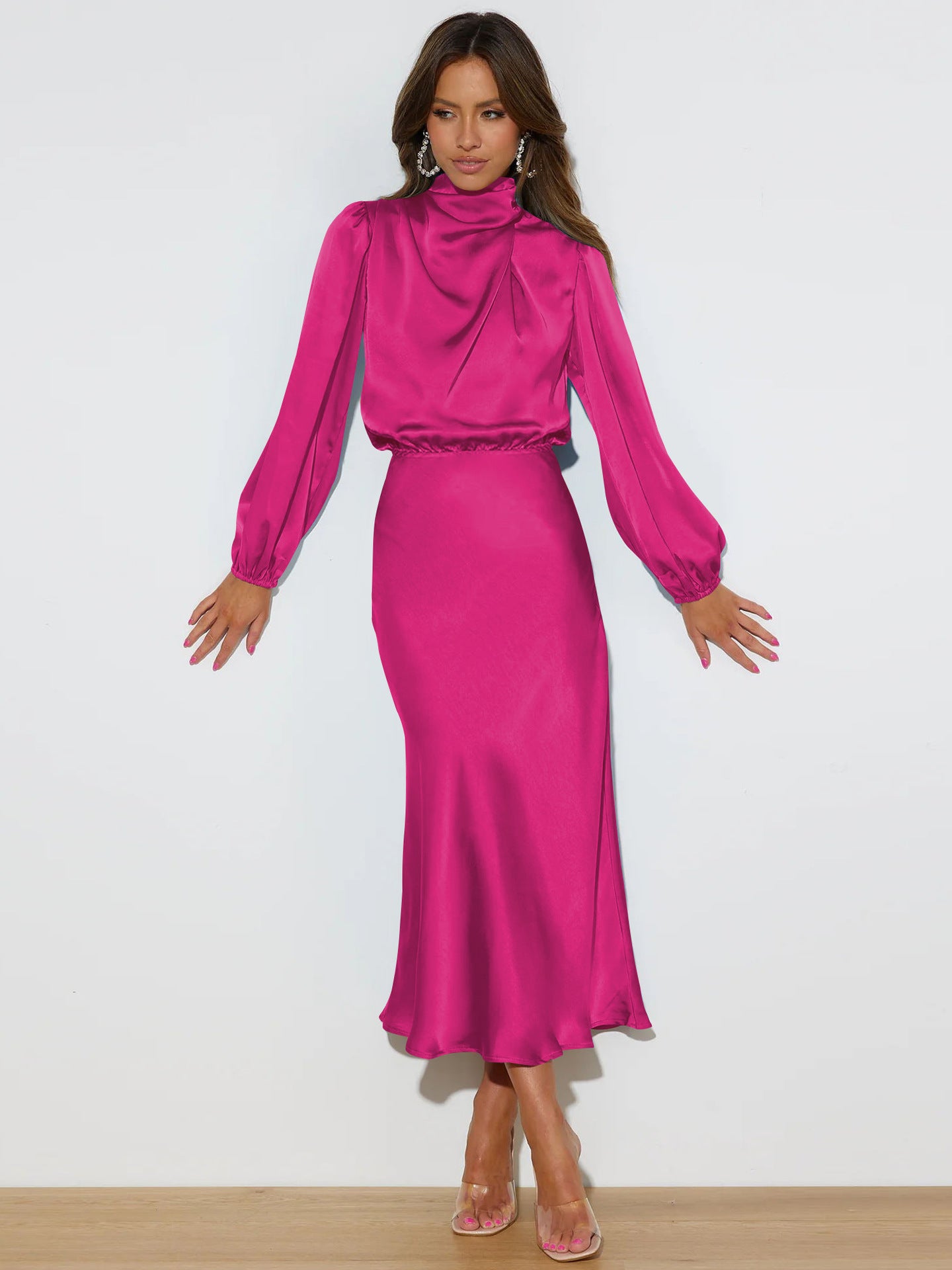 European, American and French style design halter dress summer women's satin draping evening dress elegant solid color bridesmaid dress