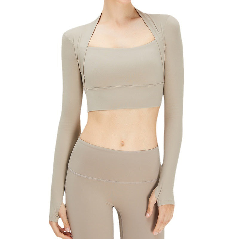 Autumn nude feel shawl fake two-piece yoga clothes long-sleeved women's outdoor sports T-shirt top running shock absorption workout clothes