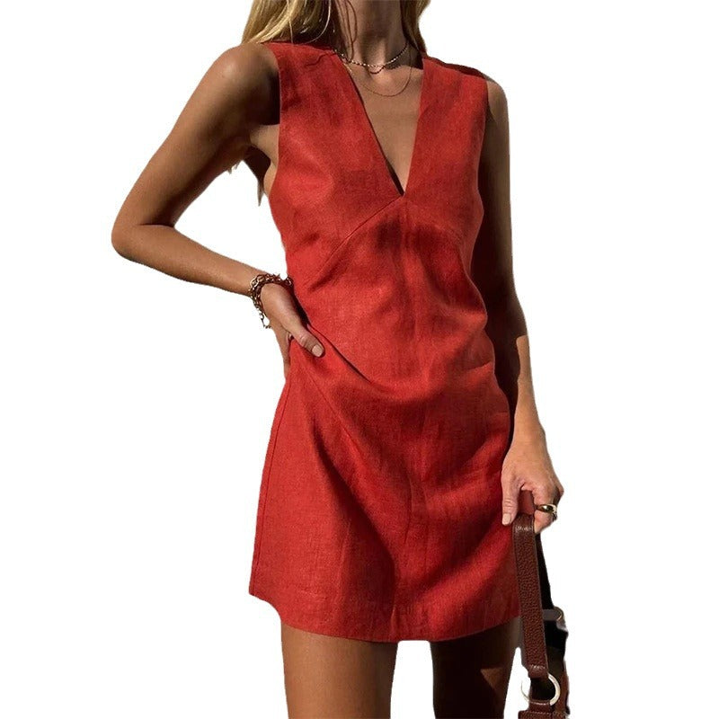 V-Neck Cotton Linen Sleeveless Dress Women Slim Vest Straight-Cut Summer Dress