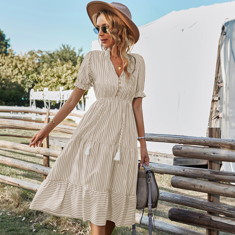 Striped Temperament Dress Women Summer Fashion Casual Elegant Design Dress 2025