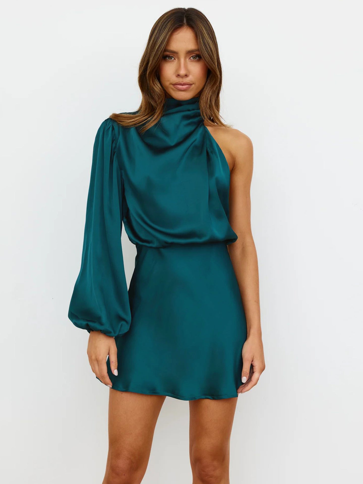Satin Draping Toast Dress Women One Shoulder Off Shoulder Bridesmaid Evening Dress
