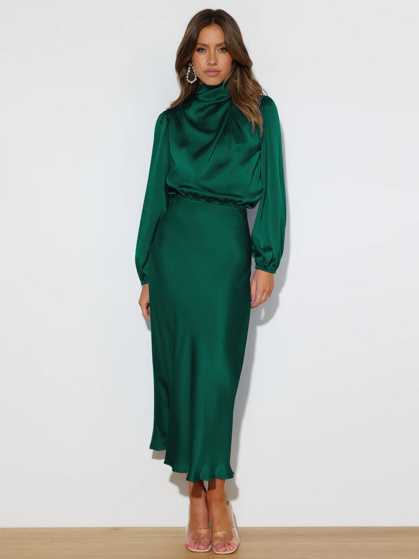 European, American and French style design halter dress summer women's satin draping evening dress elegant solid color bridesmaid dress