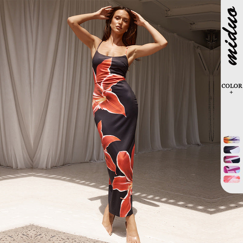 Summer Sexy Suspender Skirt Digital Print Slim High Waist Sheath Beach Travel Dress