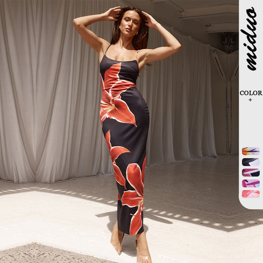 Summer Sexy Suspender Skirt Digital Print Slim High Waist Sheath Beach Travel Dress