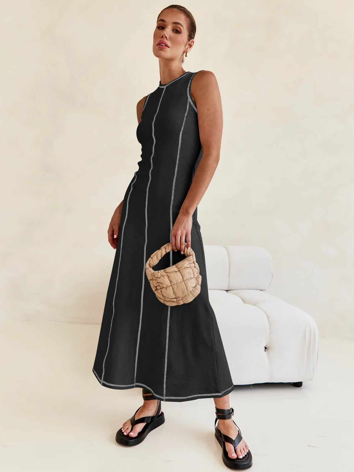 High-Grade Casual Sleeveless Vest Dress Women Contrasting Color Thread Summer Dress