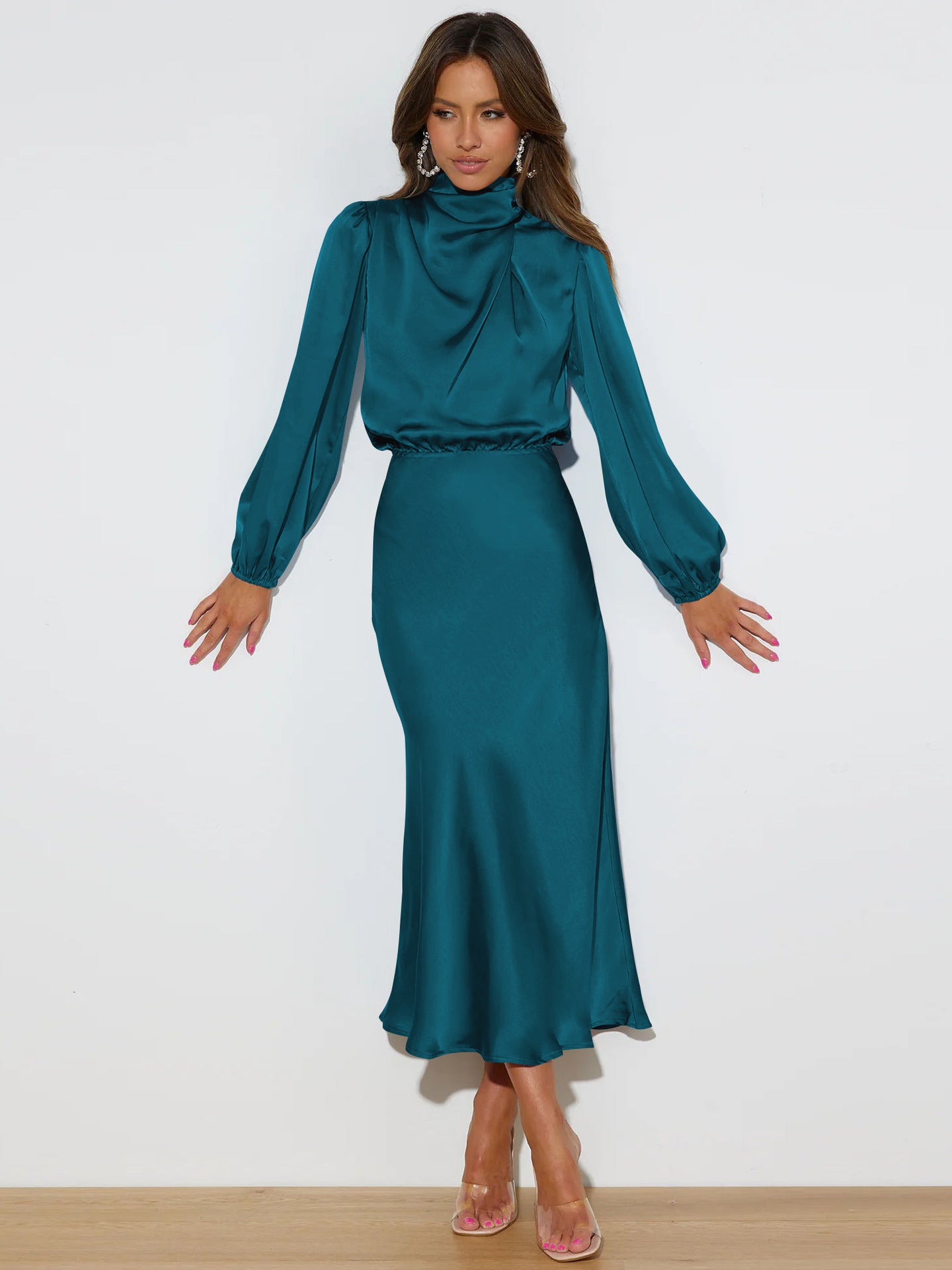European, American and French style design halter dress summer women's satin draping evening dress elegant solid color bridesmaid dress