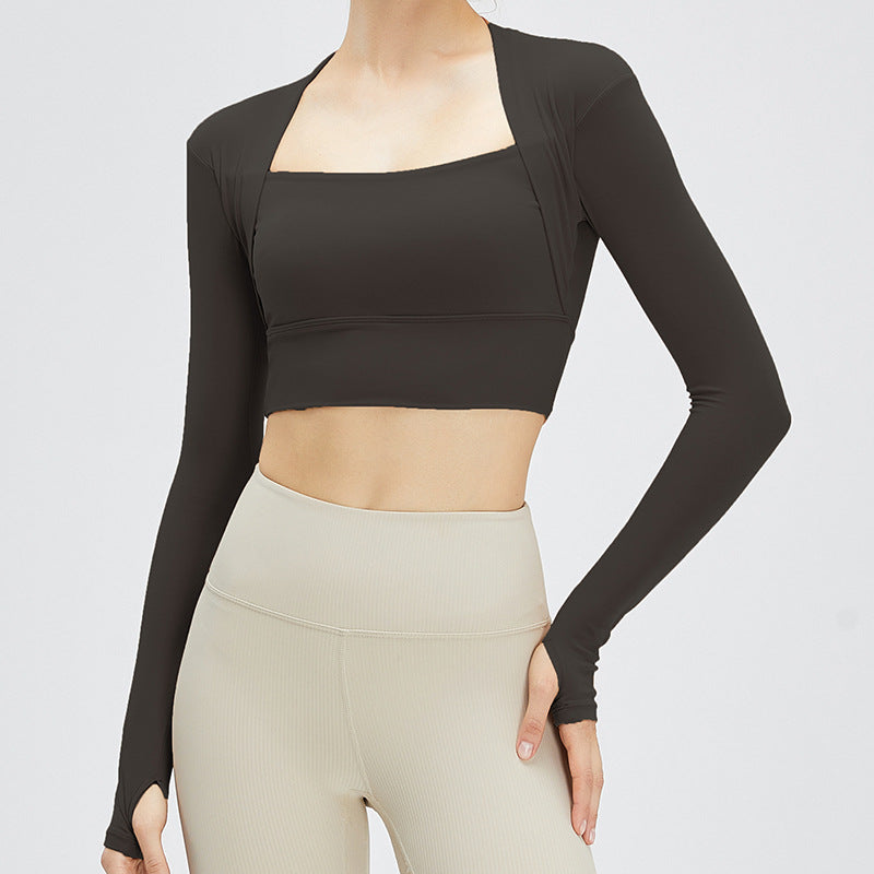 Autumn nude feel shawl fake two-piece yoga clothes long-sleeved women's outdoor sports T-shirt top running shock absorption workout clothes