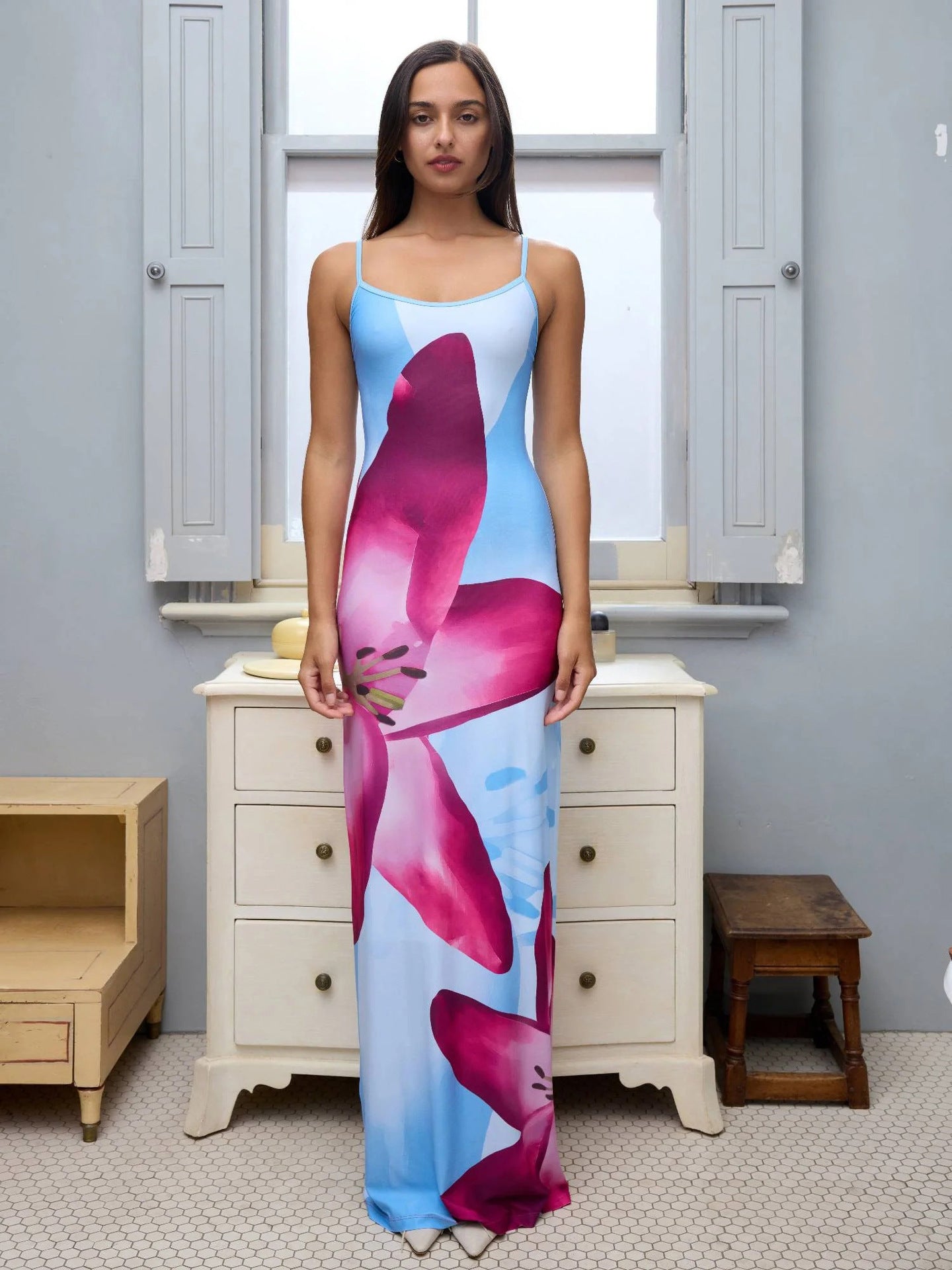 Summer Sexy Suspender Skirt Digital Print Slim High Waist Sheath Beach Travel Dress