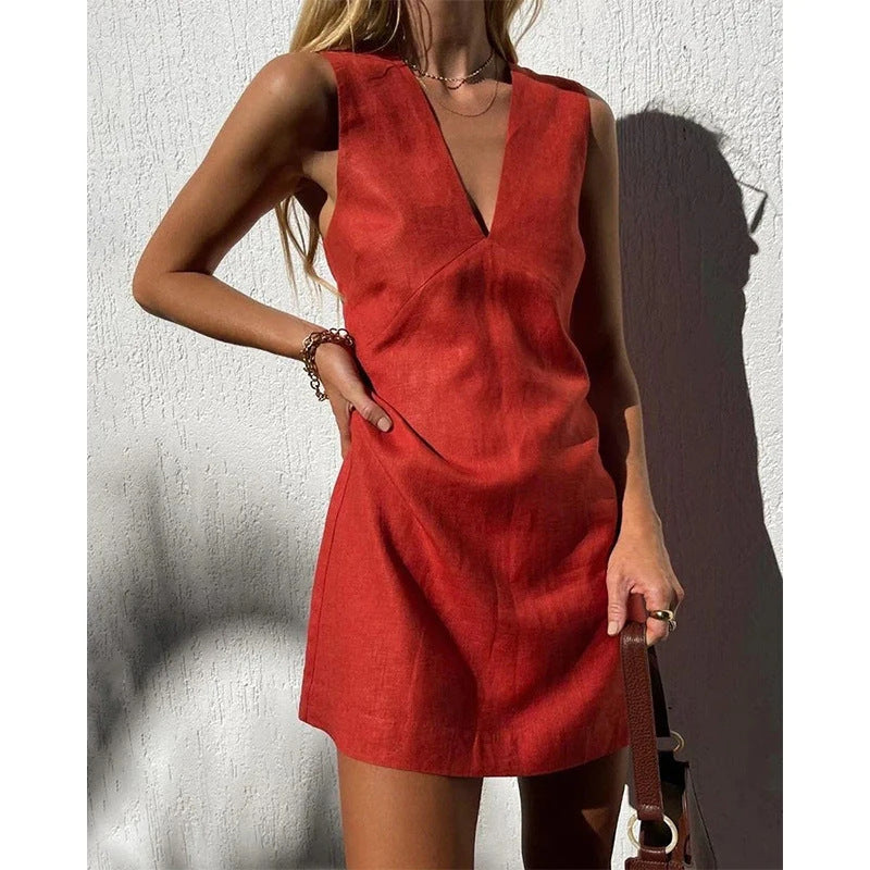V-Neck Cotton Linen Sleeveless Dress Women Slim Vest Straight-Cut Summer Dress