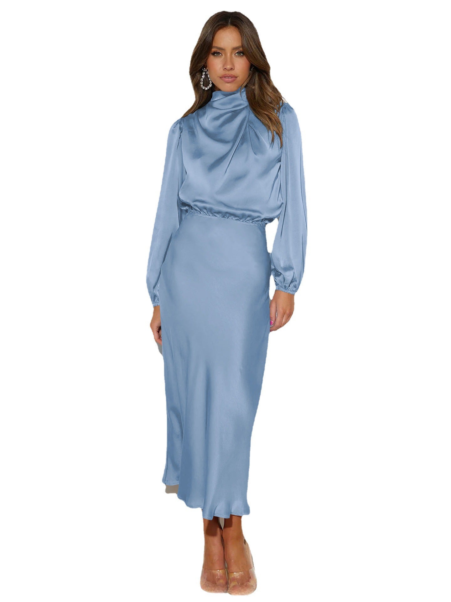 European, American and French style design halter dress summer women's satin draping evening dress elegant solid color bridesmaid dress
