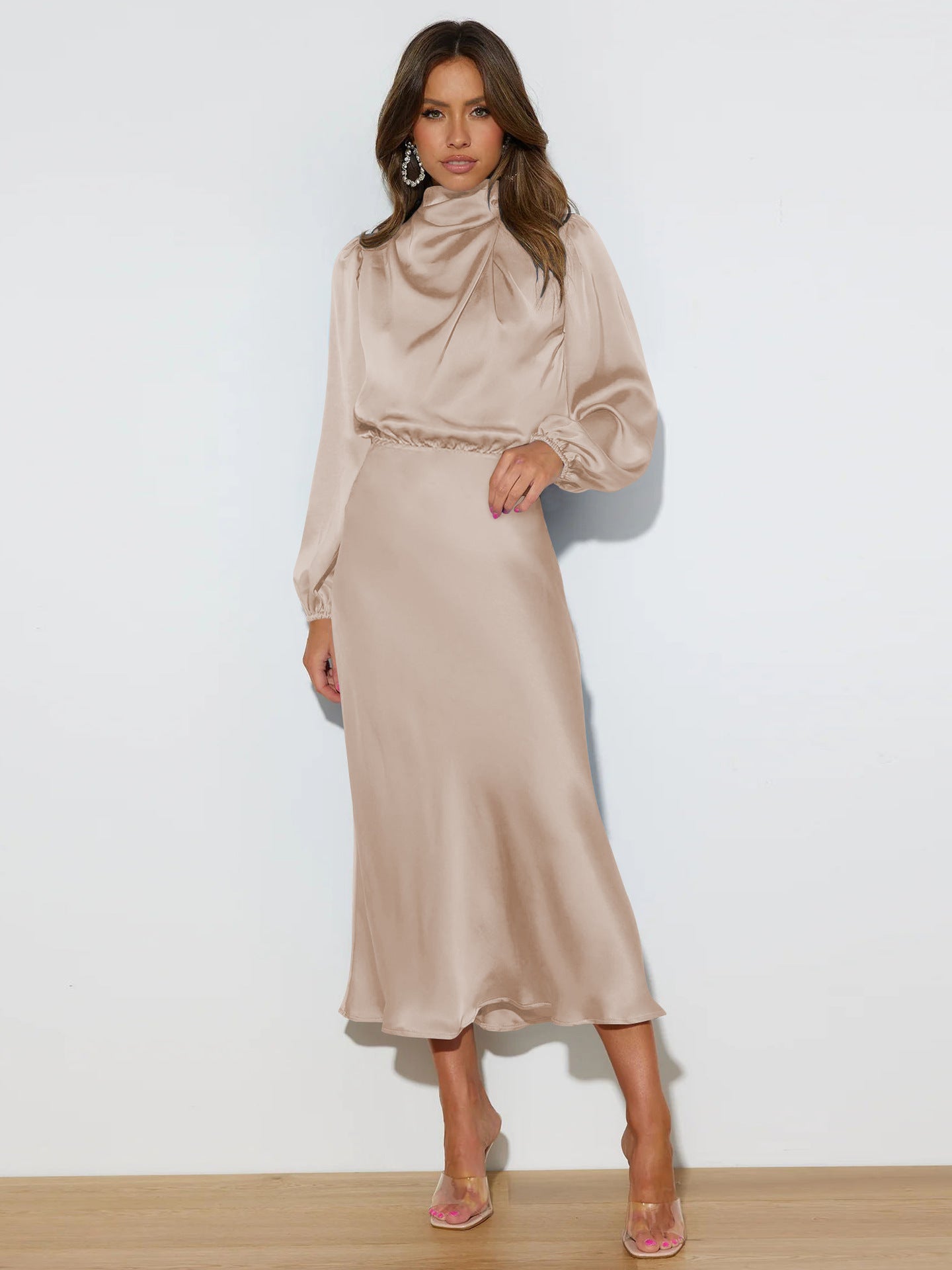 European, American and French style design halter dress summer women's satin draping evening dress elegant solid color bridesmaid dress