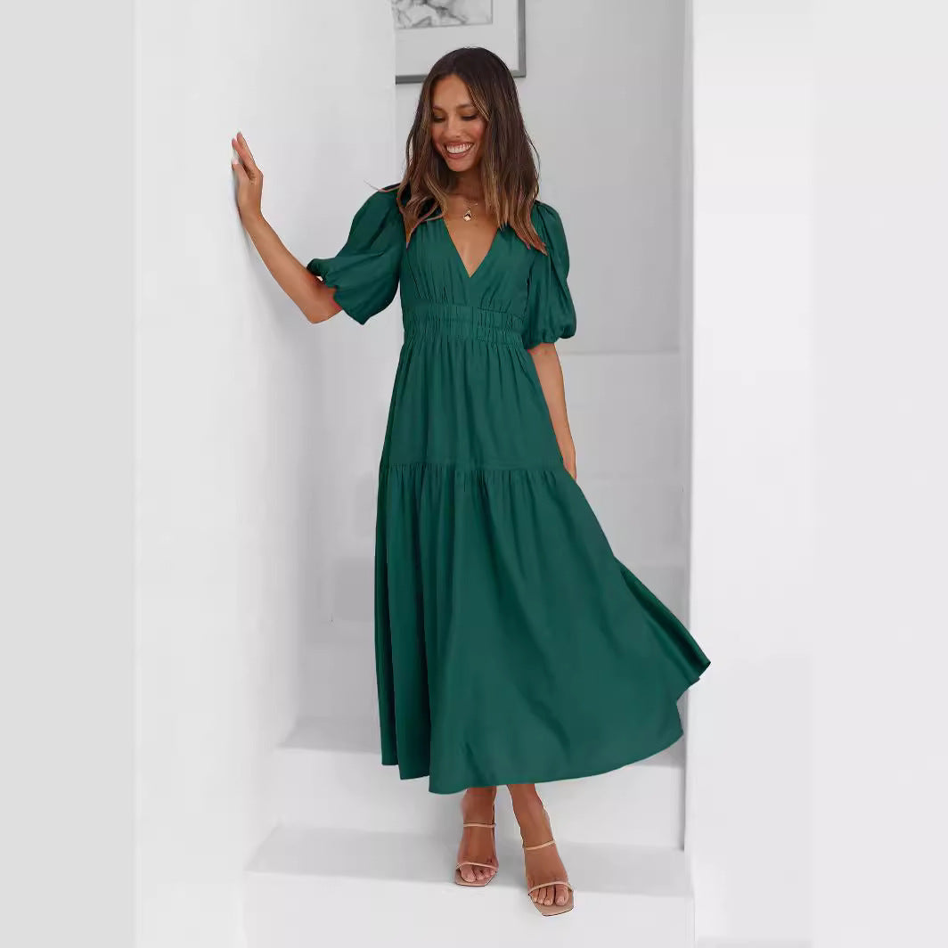 High-Grade Long Dress Ruffled Lantern Sleeves V-Neck Holiday Beach Dress Women