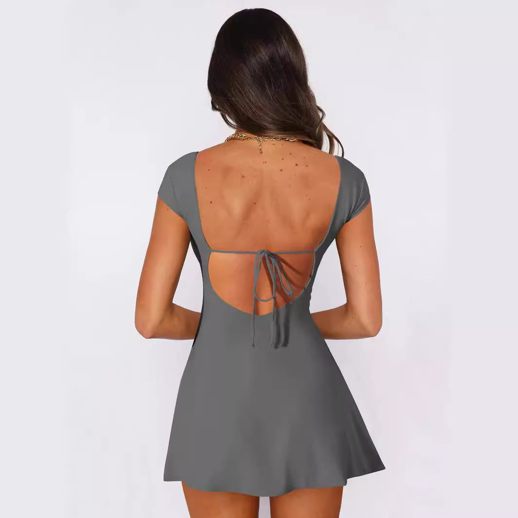 Elegant Square Collar Lace-Up Backless Summer Dress Women Sexy Waist-Trimming Hot Girl Dress