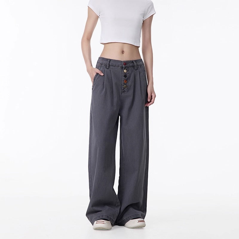 Summer new American style distressed design button workwear casual pants women's loose straight ruffle handsome wide-leg pants