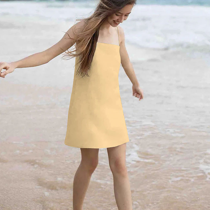 Cotton Linen Suspender Skirt Women Lace-Up Backless A-Line Dress Summer Vacation