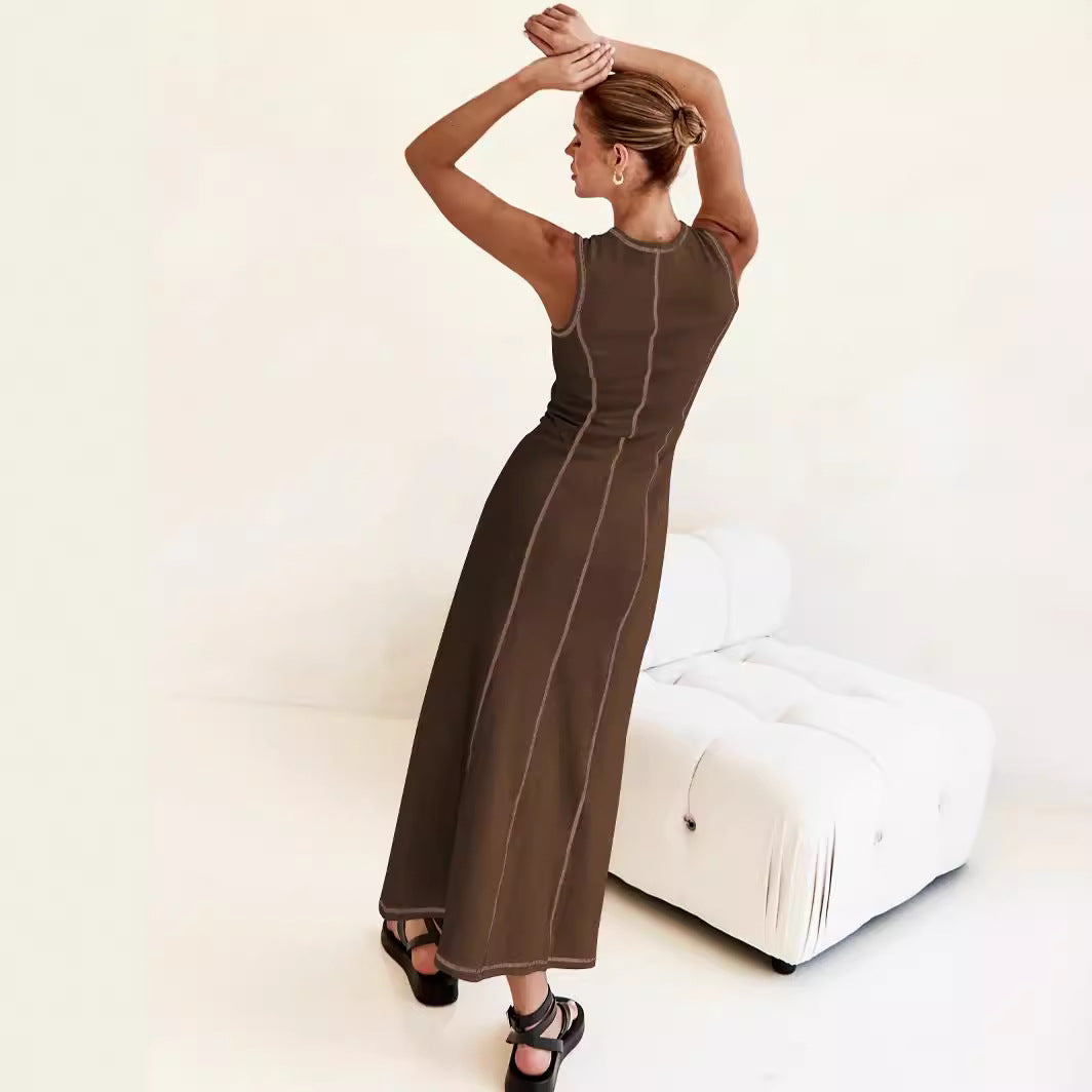 Elegant Contrasting-Color Sleeveless Vest Dress Women Cinched Waist Summer Dress
