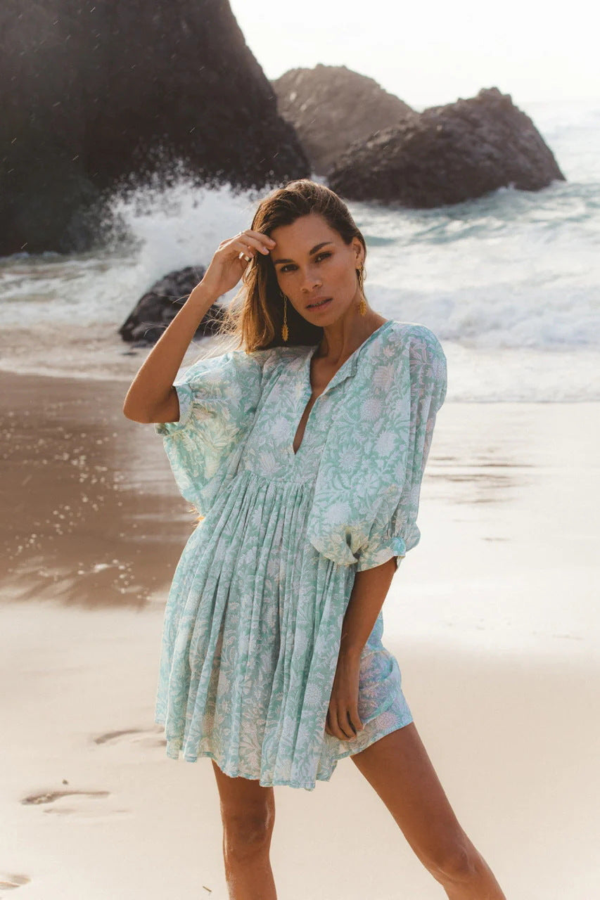 Vacation Style Floral Print Dress Women High Waist Lace-Up Casual Beach Skirt