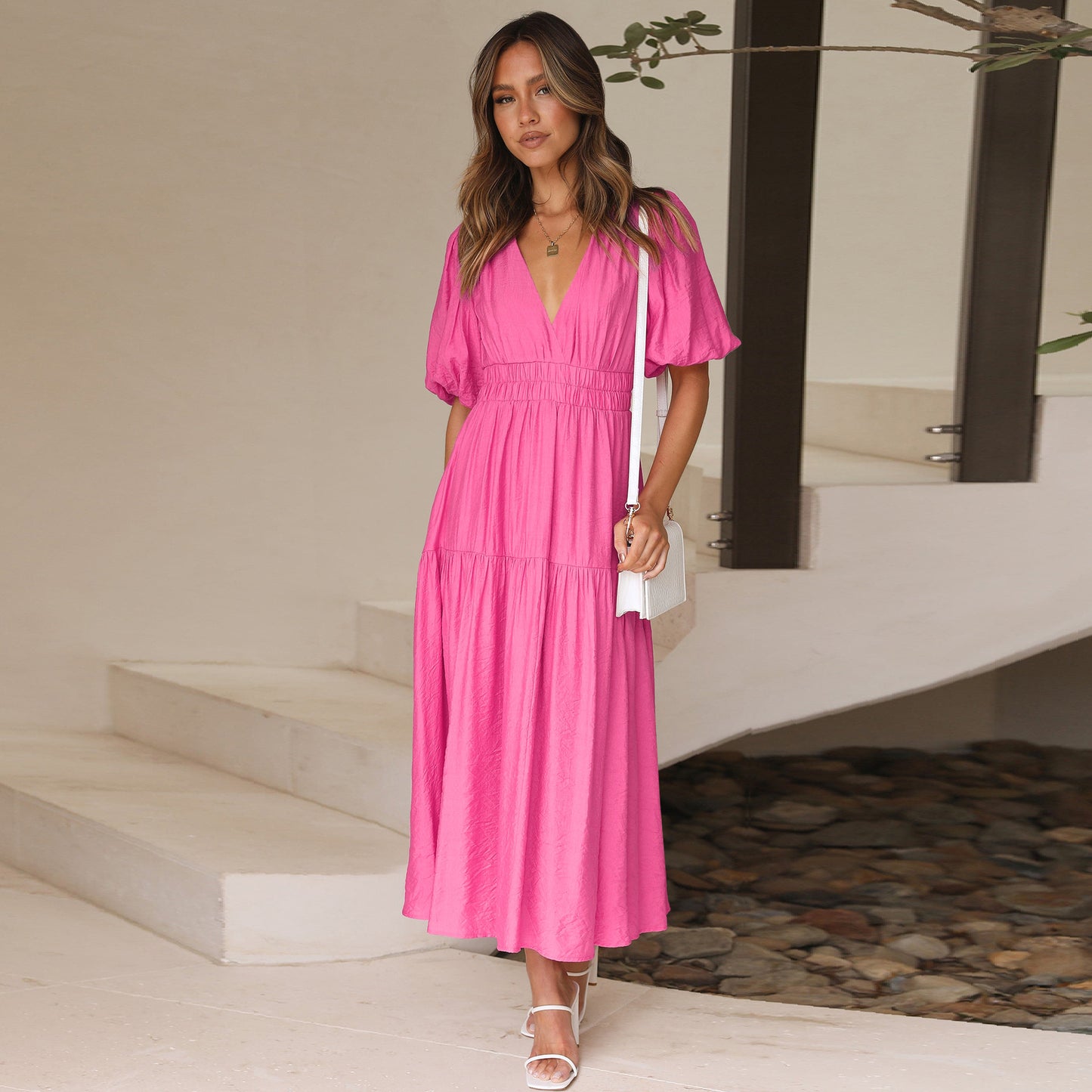 High-Grade Long Dress Ruffled Lantern Sleeves V-Neck Holiday Beach Dress Women