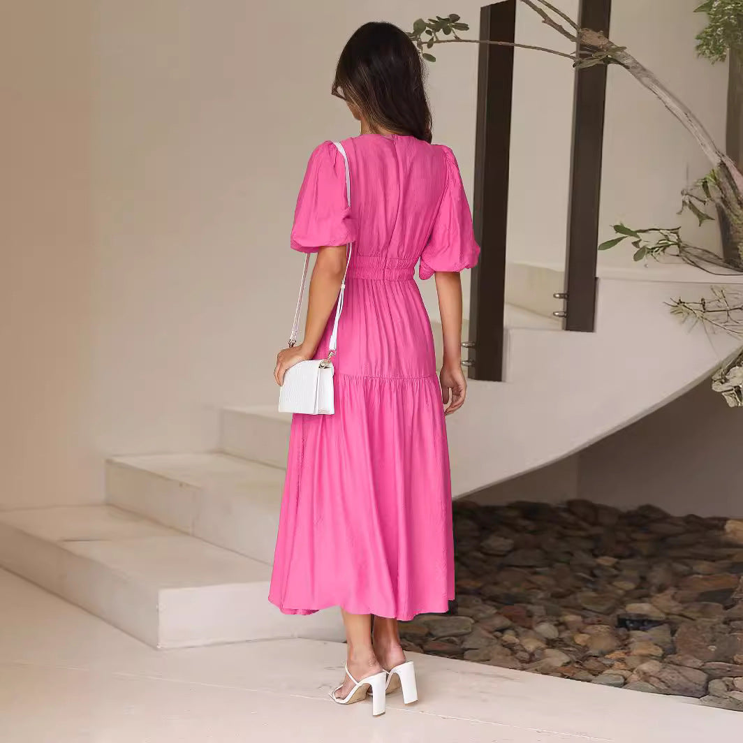 High-Grade Long Dress Ruffled Lantern Sleeves V-Neck Holiday Beach Dress Women